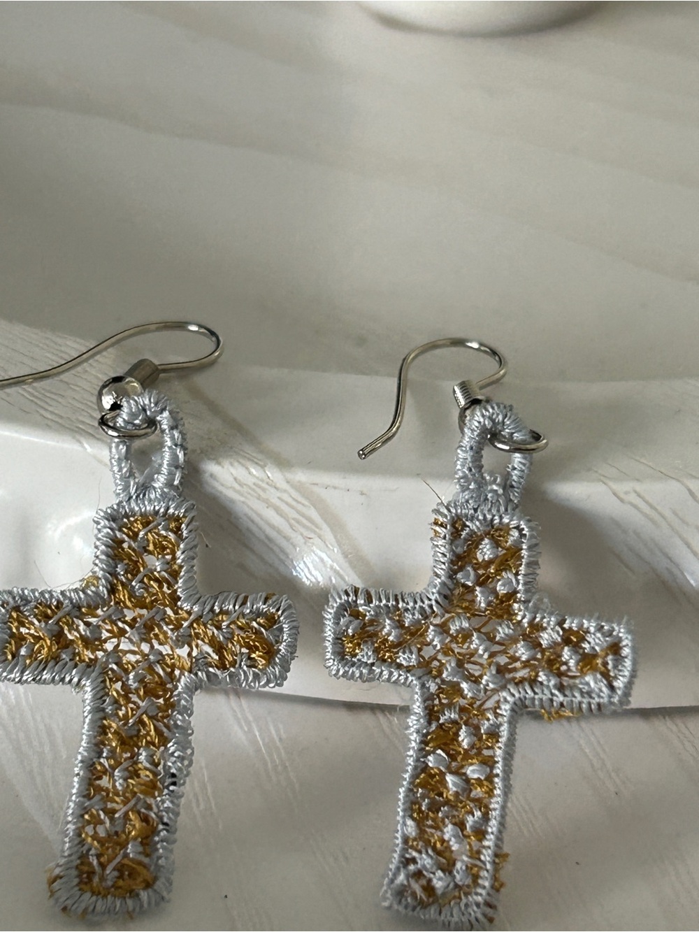 Cross Christian Jesus Cross Dangle Earrings - Gold and White Cross Design NEW - Picture 2 of 2